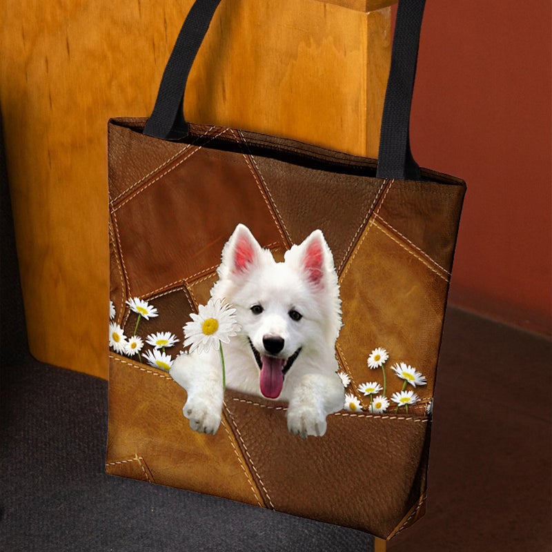 American Eskimo Holding Daisy All Over Printed Tote Bag