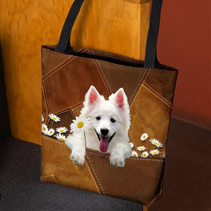 American Eskimo Holding Daisy All Over Printed Tote Bag