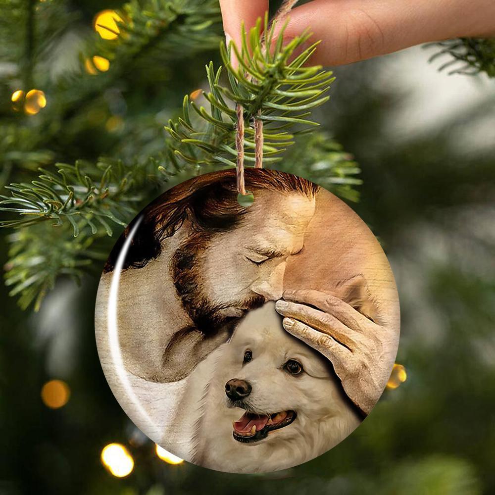 American Eskimo With Jesus Porcelain/Ceramic Ornament