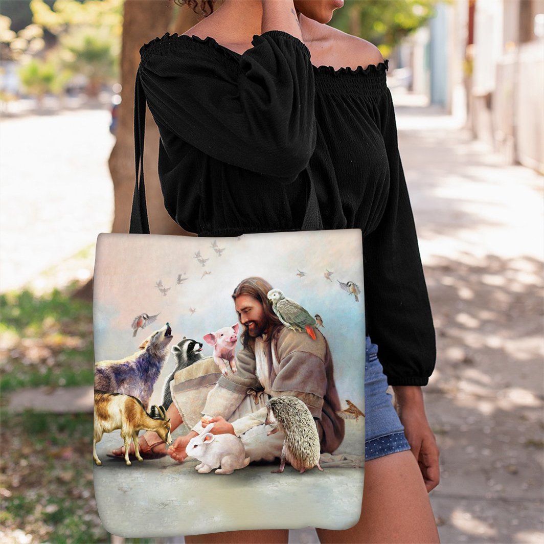 Jesus Surrounded By Animals Tote Bag