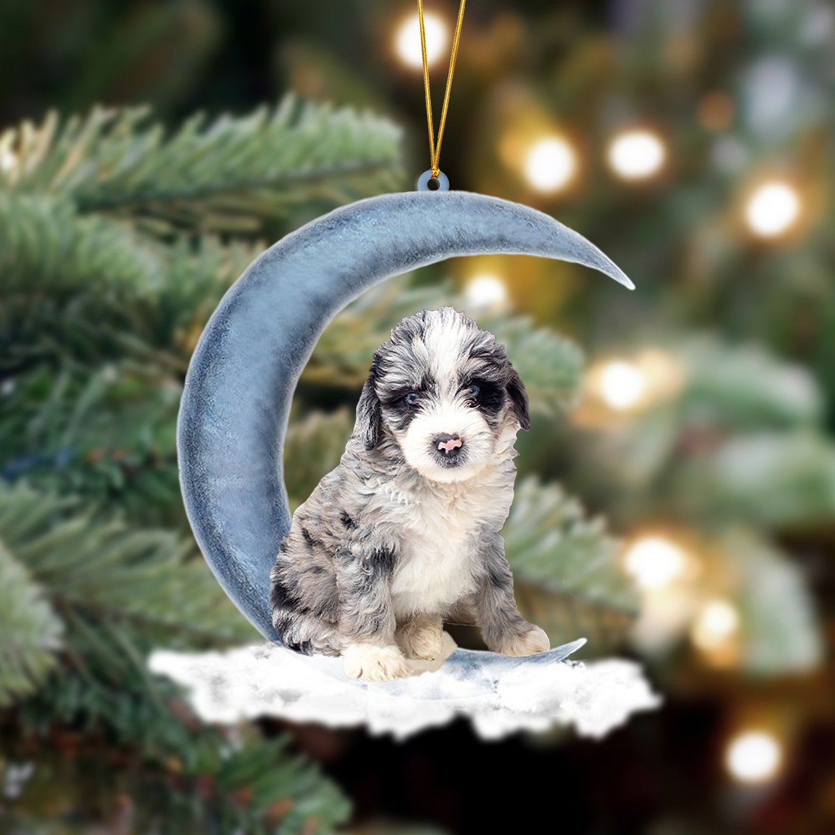 Aussiedoodle Sits On The Moon Hanging Ornament