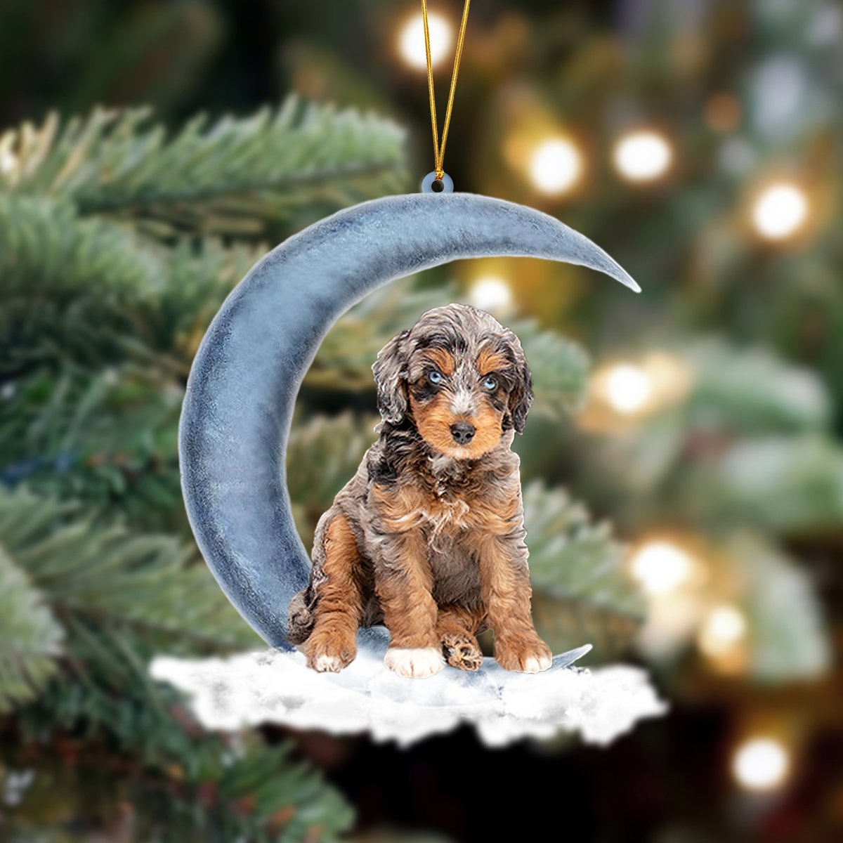 Aussiedoodle 02 Sits On The Moon Hanging Ornament