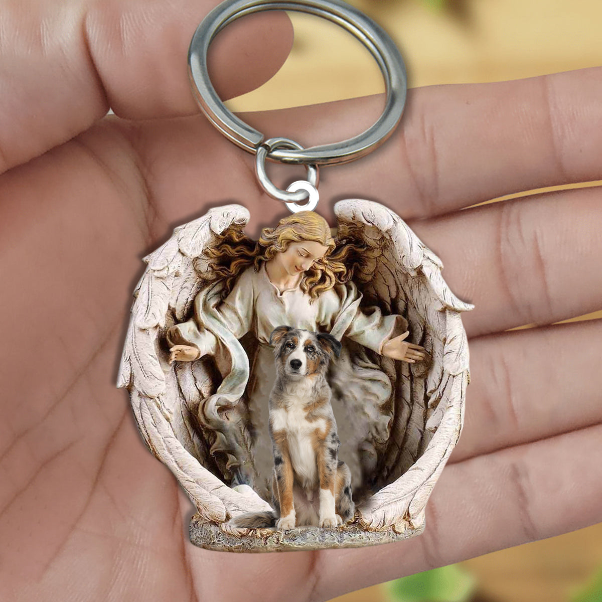 Angel Hug Australian Shepherd Acrylic Keychain