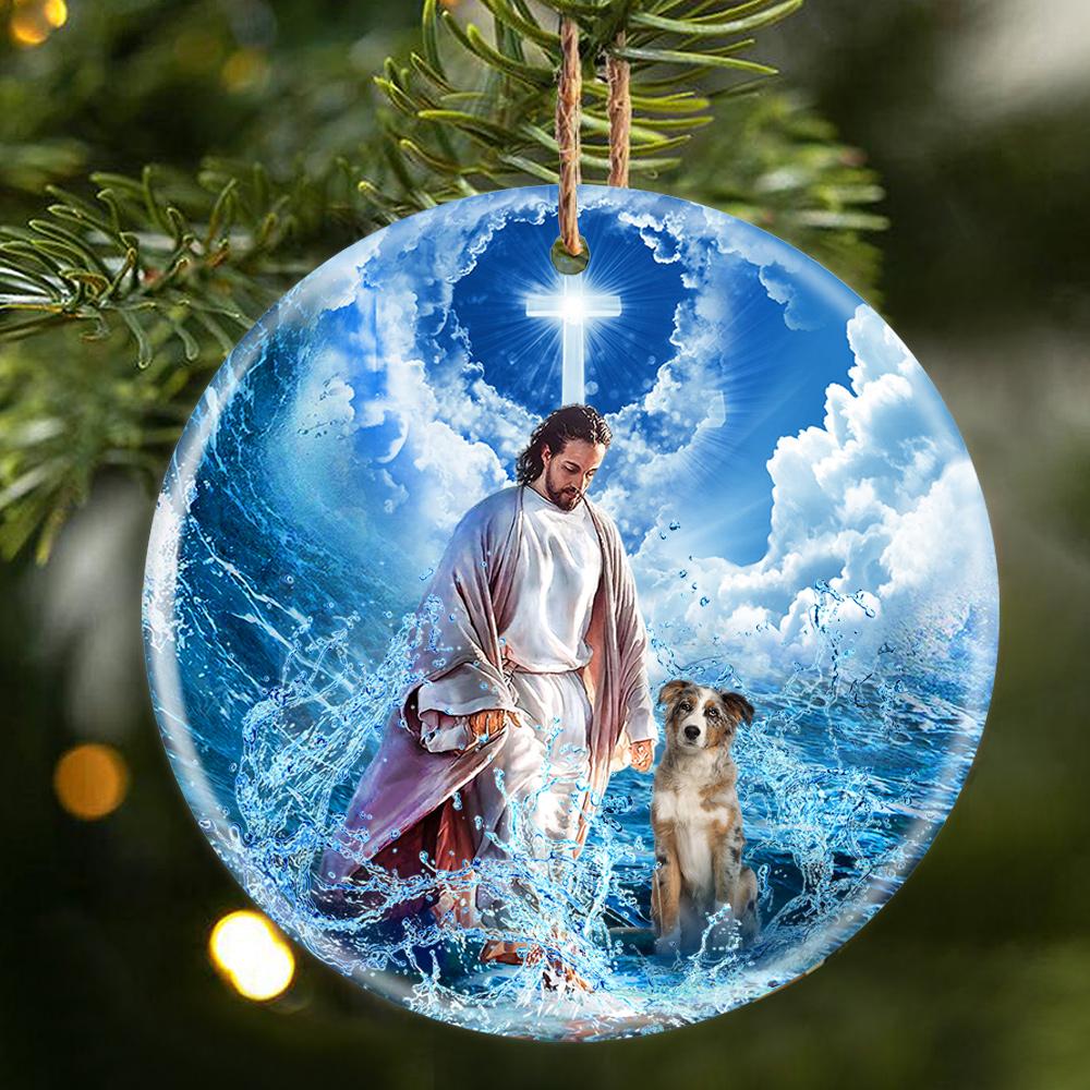 Australian Shepherd And God Walking On The Ocean Wave Porcelain/Ceramic Ornament