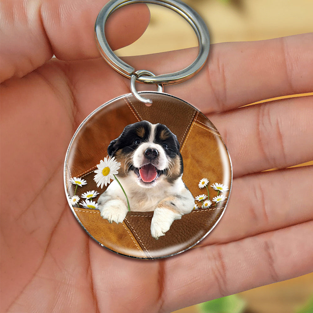 Australian Shepherd02 Holding Daisy-Round Resin Epoxy Metal Keychain
