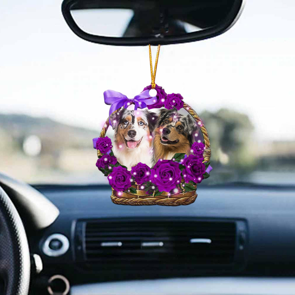 Australian Shepherd Purple Rose Wicker Basket Car Hanging Ornament