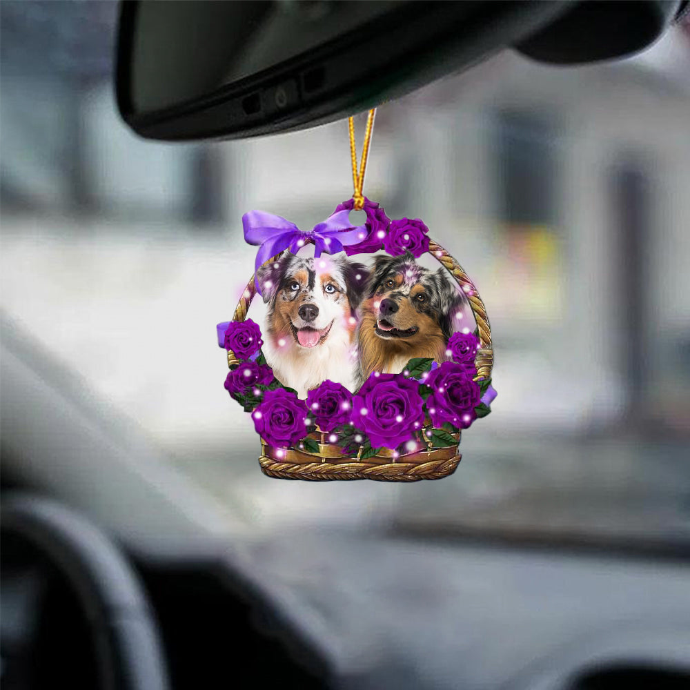 Australian Shepherd Purple Rose Wicker Basket Car Hanging Ornament