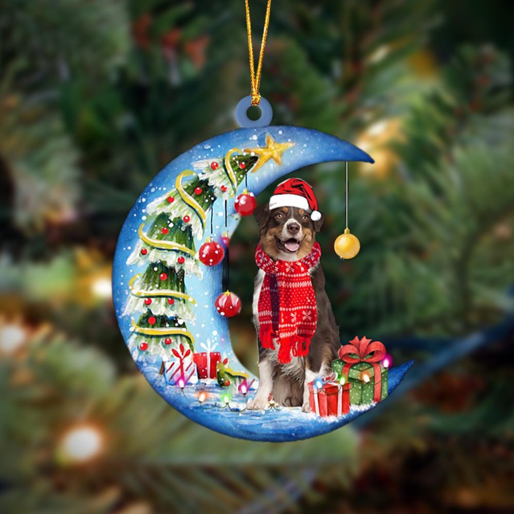 Australian Shepherd Sits On The Moon Merry Christmas Hanging Ornament