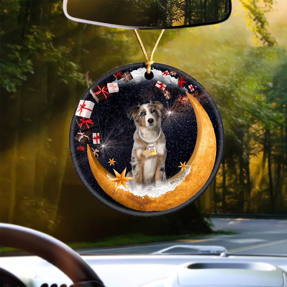 Australian Shepherd Fashion Moon Car Hanging Ceramic Ornament
