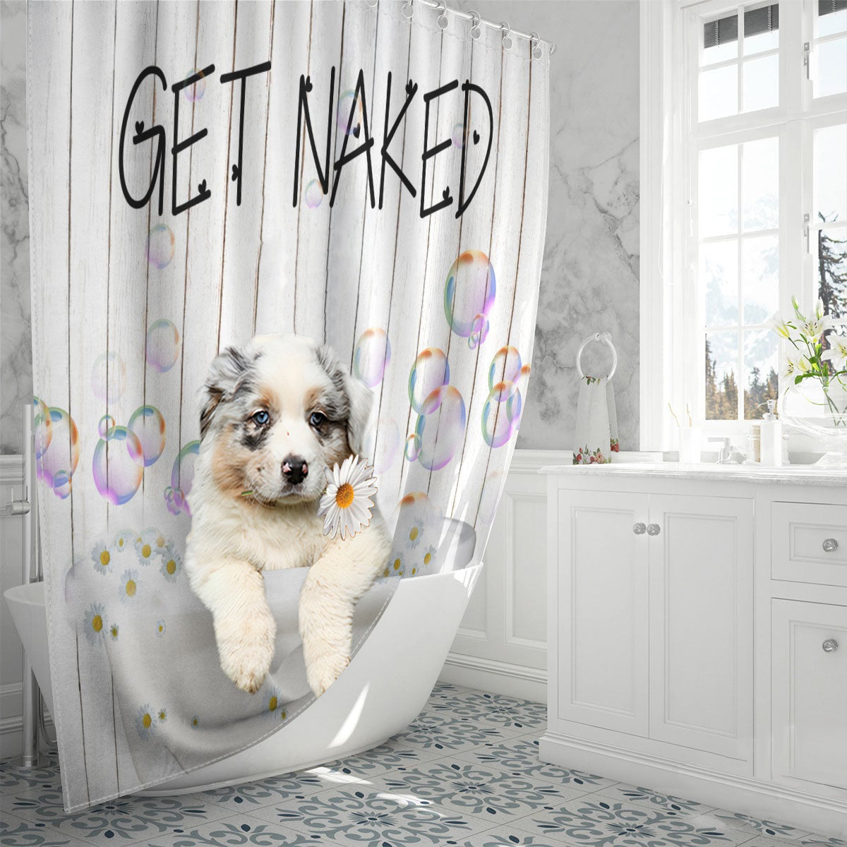 Australian Shepherd Get Naked Daisy Shower Curtain