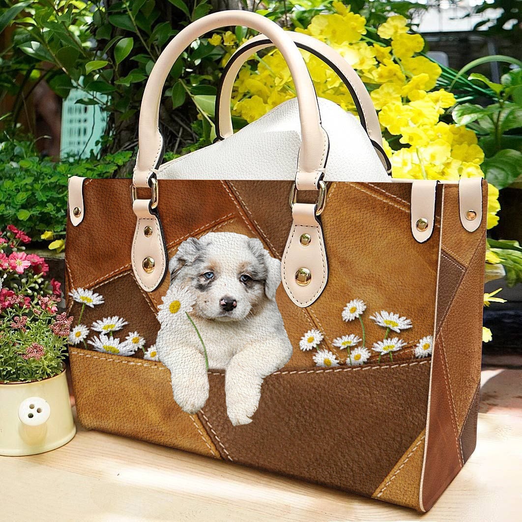 Australian Shepherd Holding Daisy Leather Bag