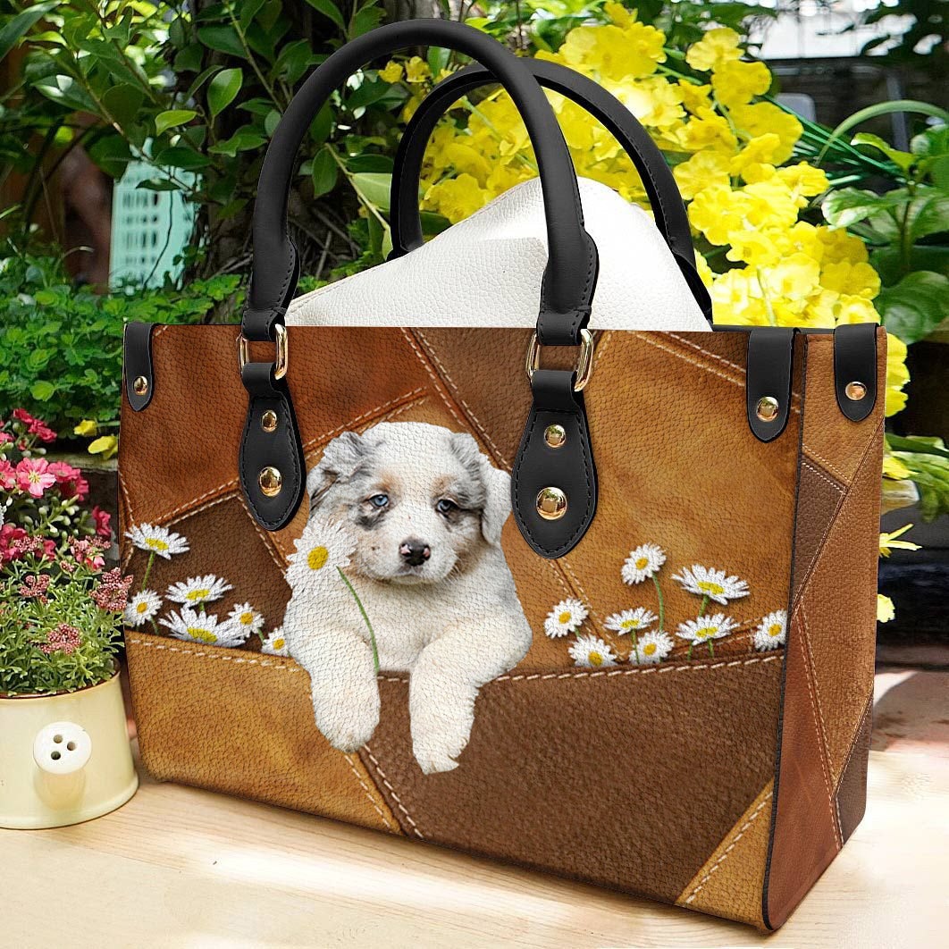 Australian Shepherd Holding Daisy Leather Bag