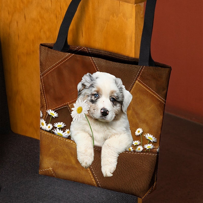 Australian Shepherd Holding Daisy  All Over Printed Tote Bag