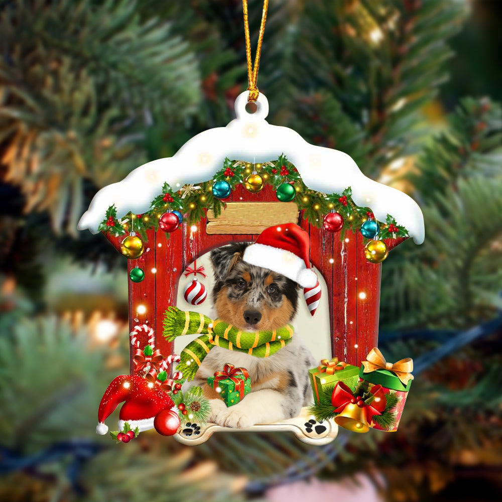 Australian Shepherd In Red Wood House Christmas Ornament