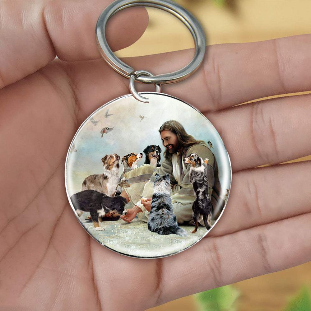 Jesus Surrounded By Australian shepherds-Round Resin Epoxy Metal Keychain
