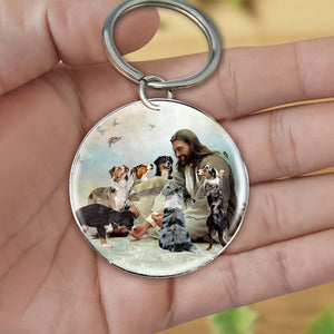 Jesus Surrounded By Australian shepherds-Round Resin Epoxy Metal Keychain