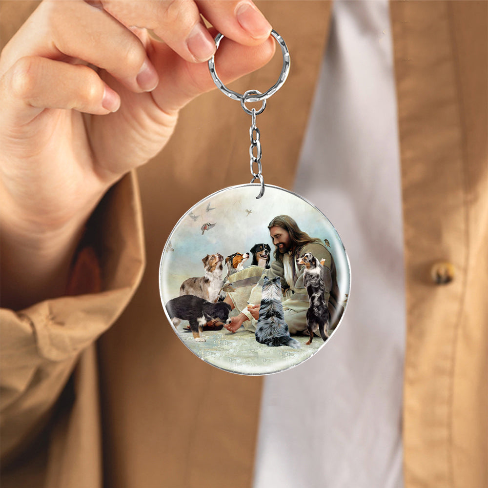 Jesus Surrounded By Australian shepherds-Round Resin Epoxy Metal Keychain