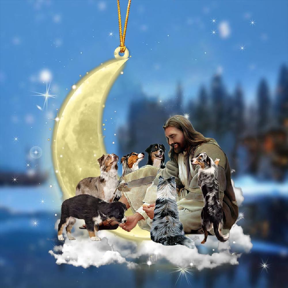 Jesus Surrounded By Australian shepherds On The Moon Ornament