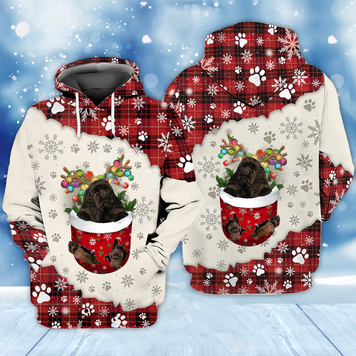 BLACK American Cocker Spaniel In Snow Pocket Merry Christmas Unisex Hoodie