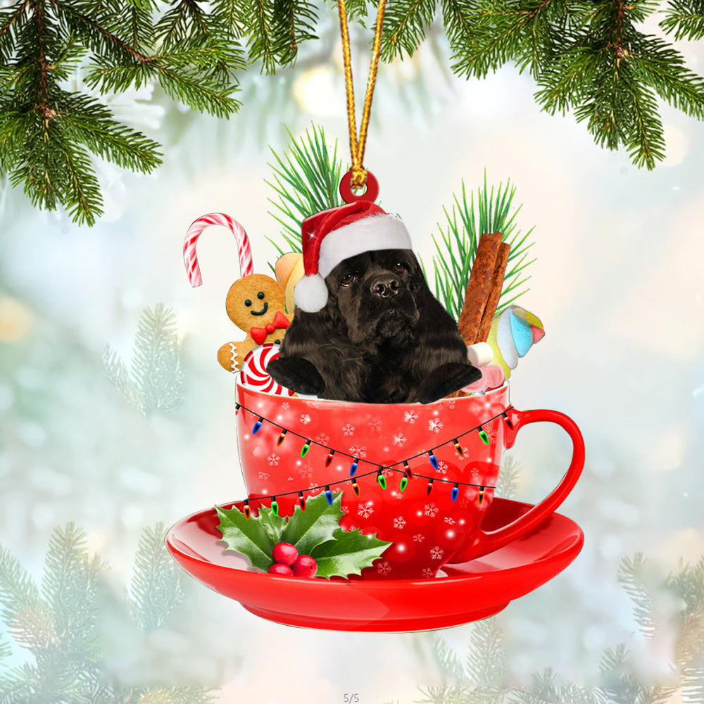 BLACK American Cocker Spaniel In Cup Merry Christmas Ornament