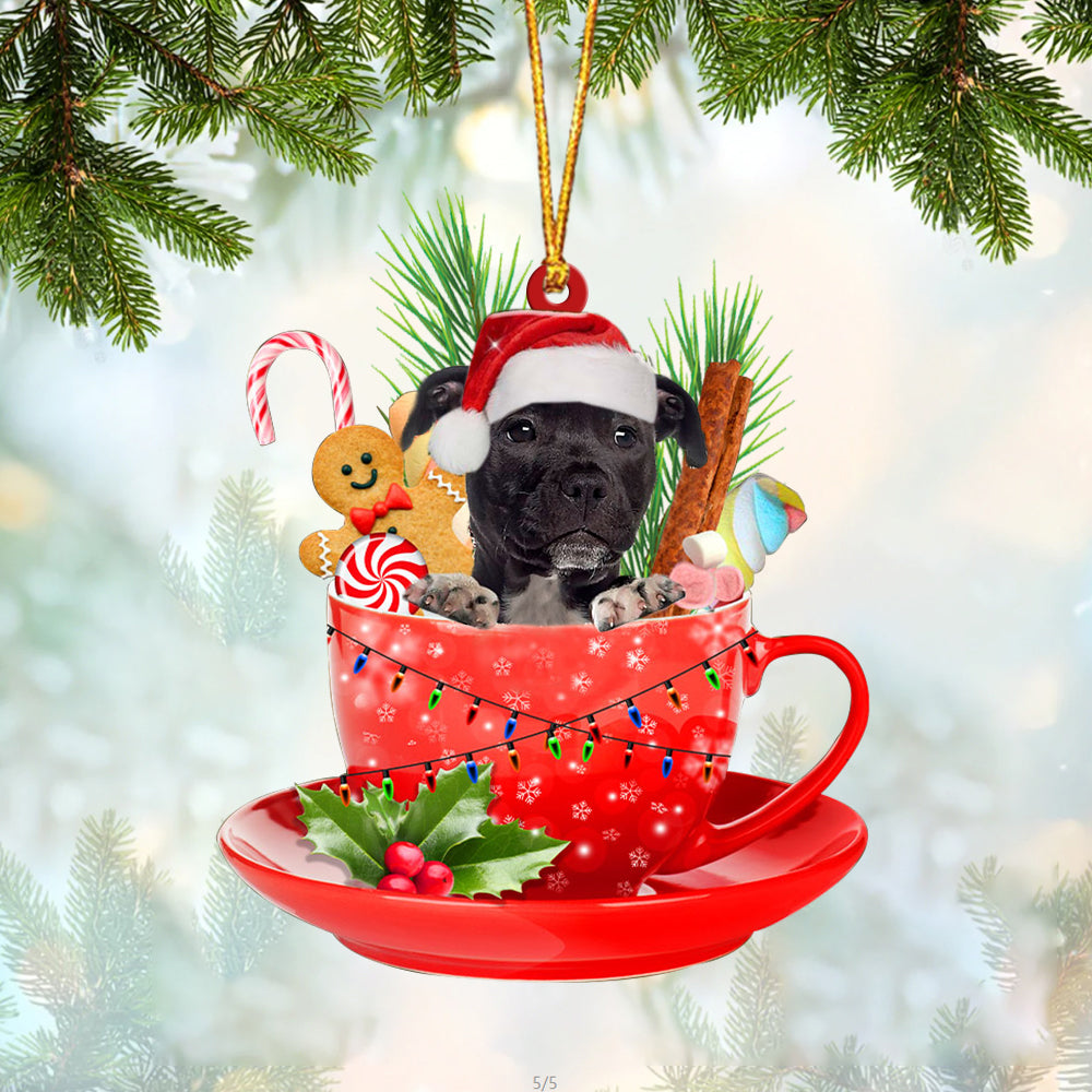 BLACK American Staffordshire Terrier In Cup Merry Christmas Ornament