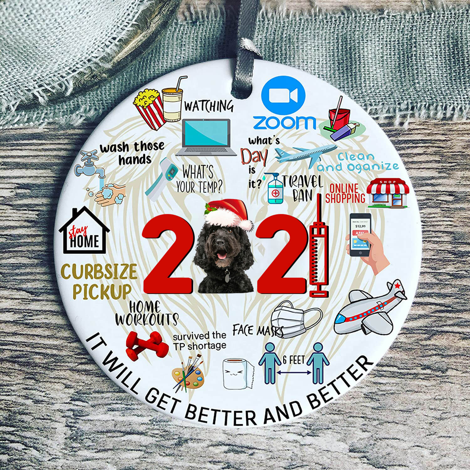 Black Cockapoo Covid Commemorative Ornament 2021 Christmas Tree Ornaments