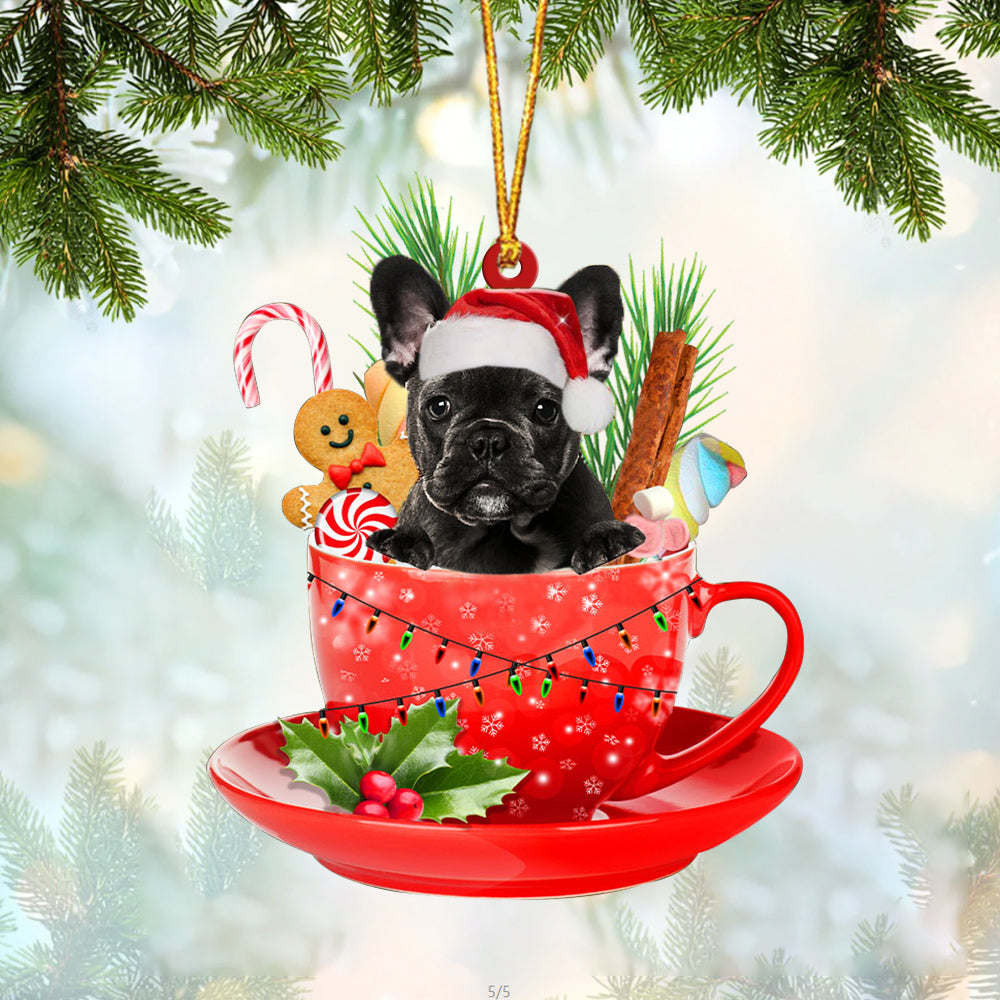 BLACK French Bulldog In Cup Merry Christmas Ornament