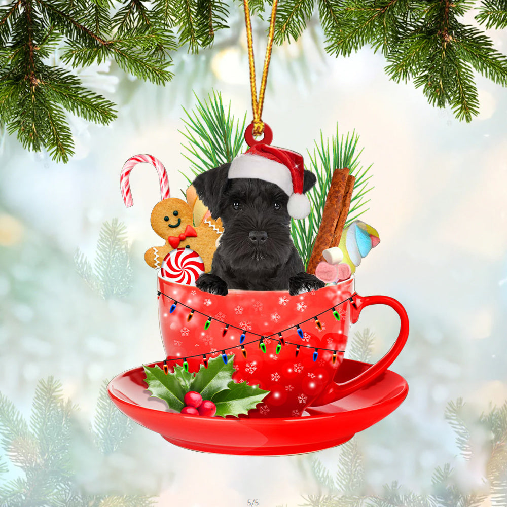 BLACK Miniature Schnauzer In Cup Merry Christmas Ornament