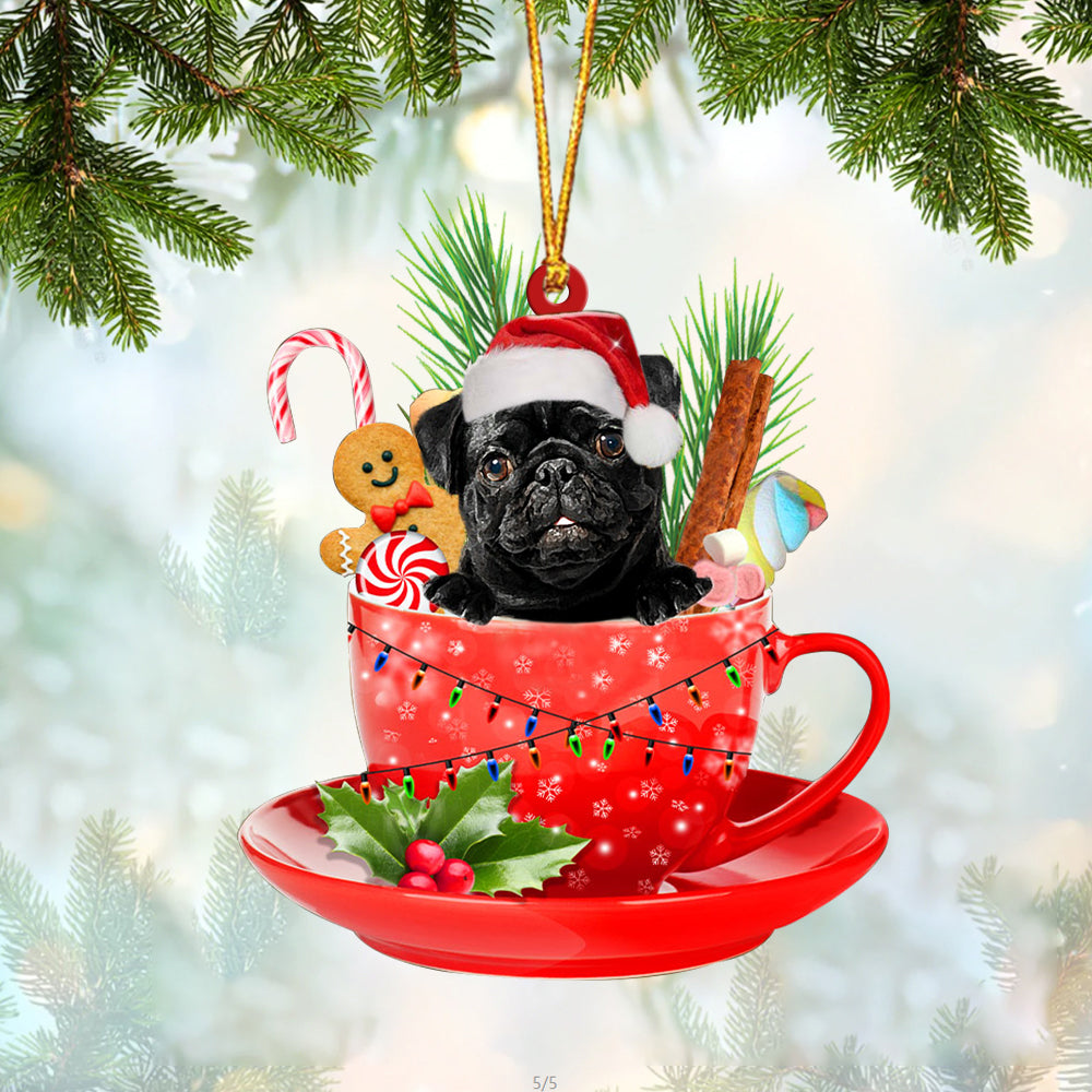 BLACK Pug In Cup Merry Christmas Ornament