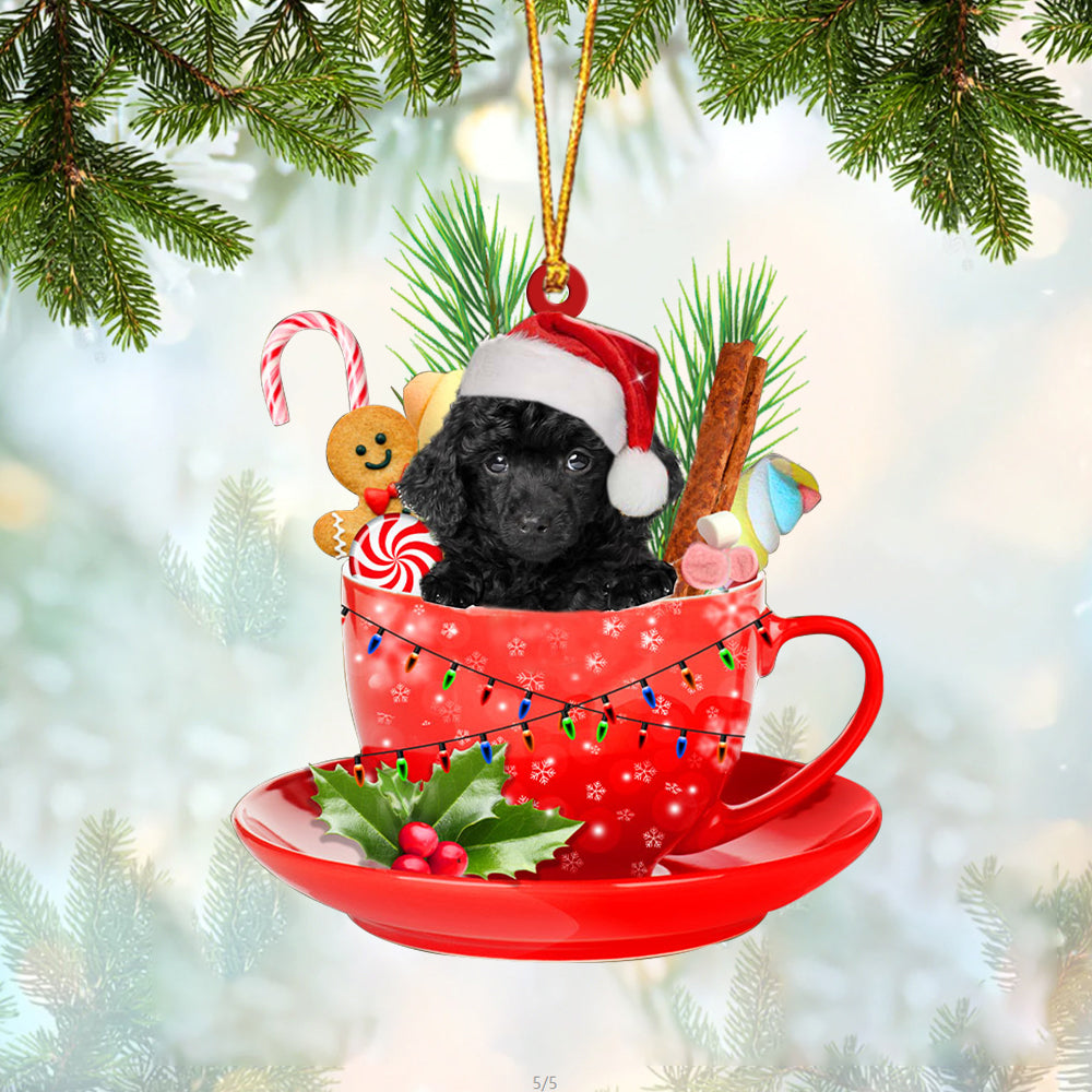 BLACK Toy Poodle In Cup Merry Christmas Ornament