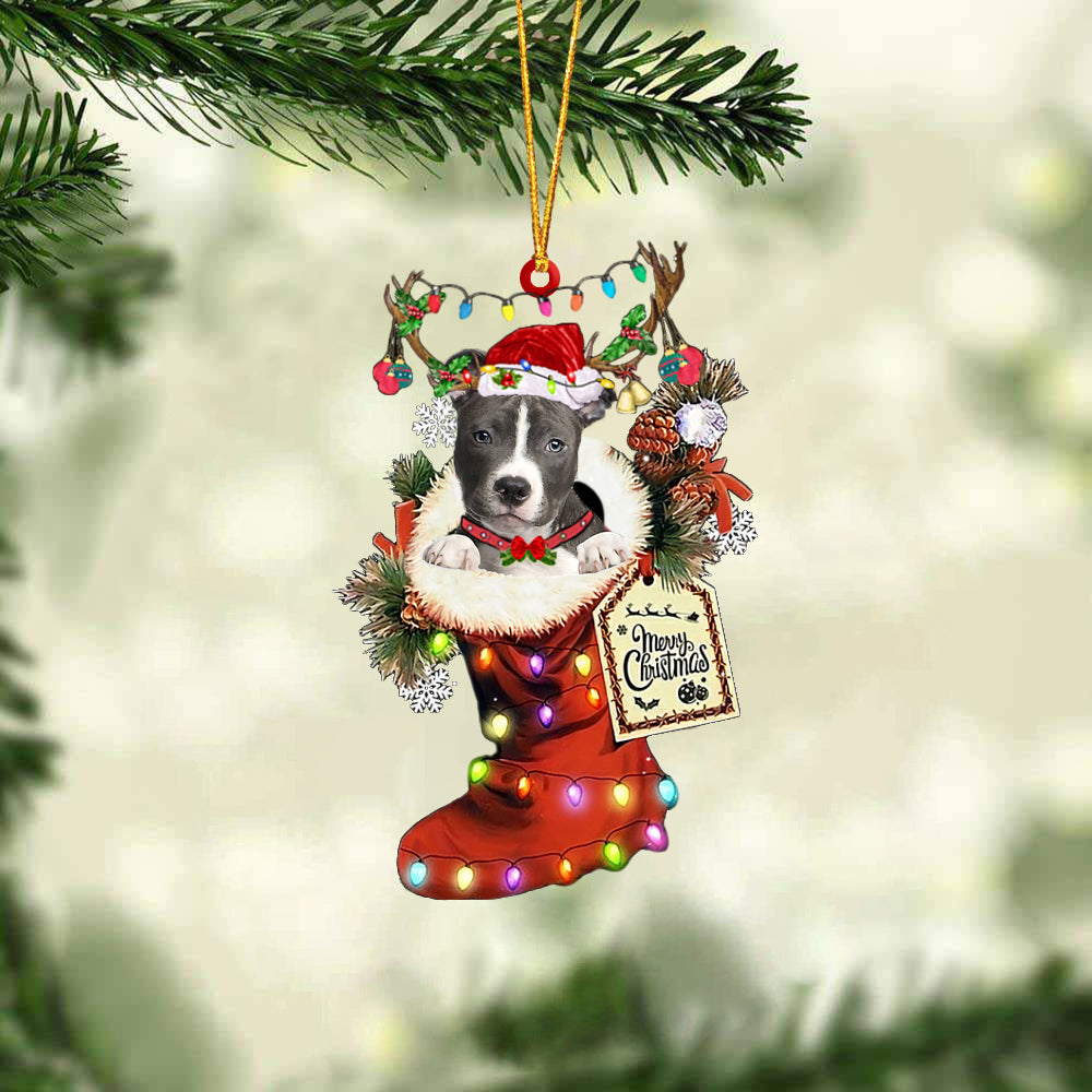 BLUE Nose Pitbull In Red Boot Christmas Ornament