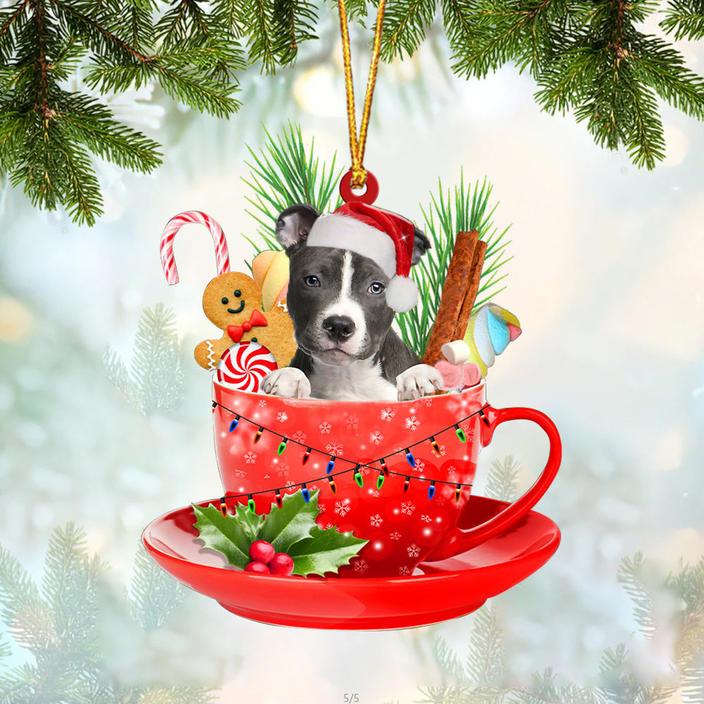 BLUE Nose Pitbull In Cup Merry Christmas Ornament
