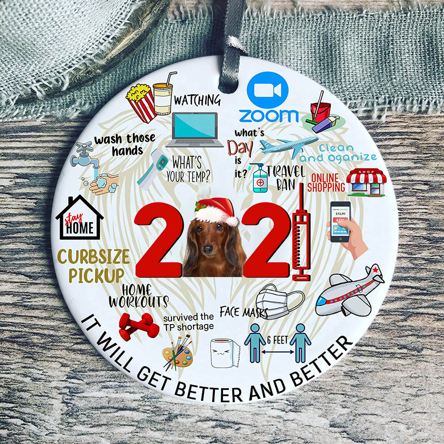 Brown Dachshund Covid Commemorative Ornament 2021 Christmas Tree Ornaments