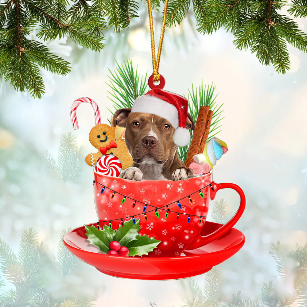 BROWN Pitbull In Cup Merry Christmas Ornament