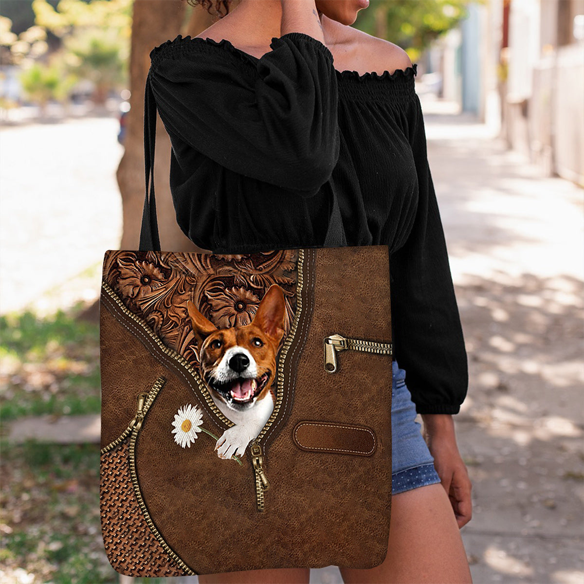 Basenji Holding Daisy Tote Bag