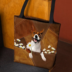 Basenji Holding Daisy All Over Printed Tote Bag