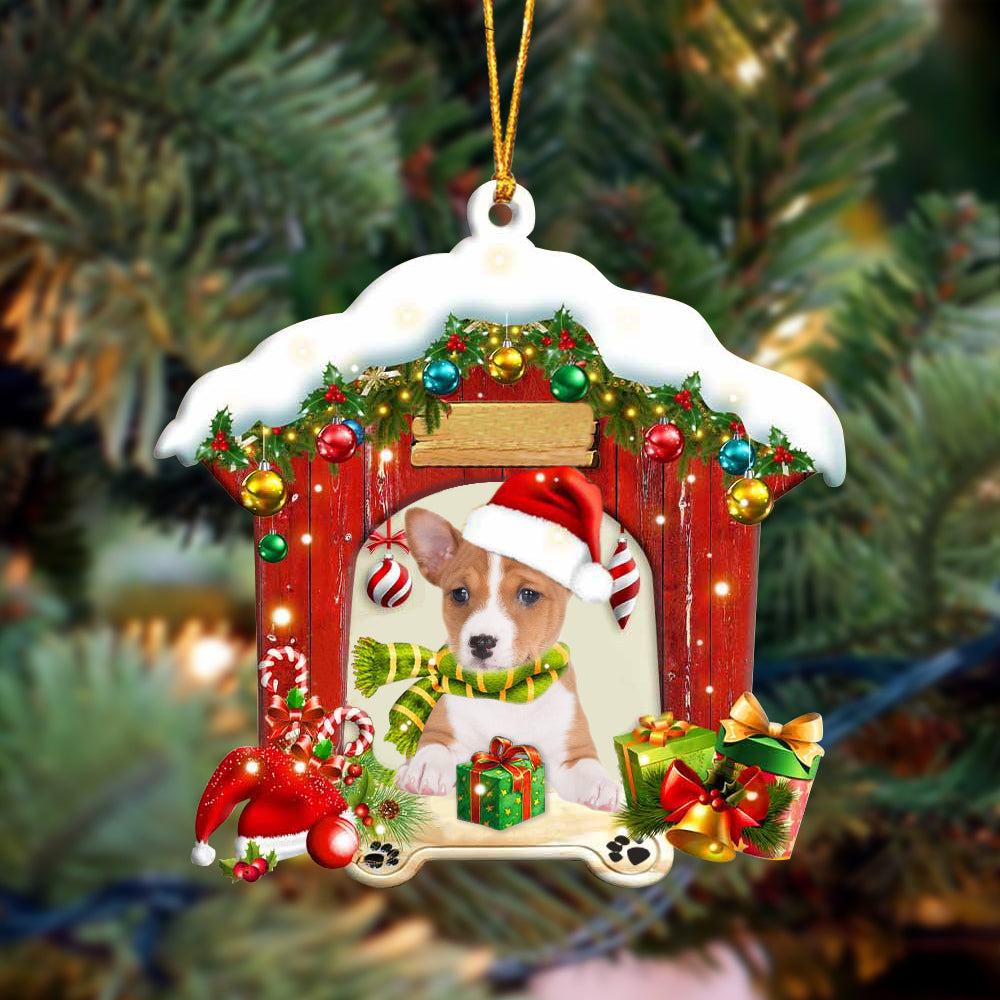 Basenji In Red Wood House Christmas Ornament
