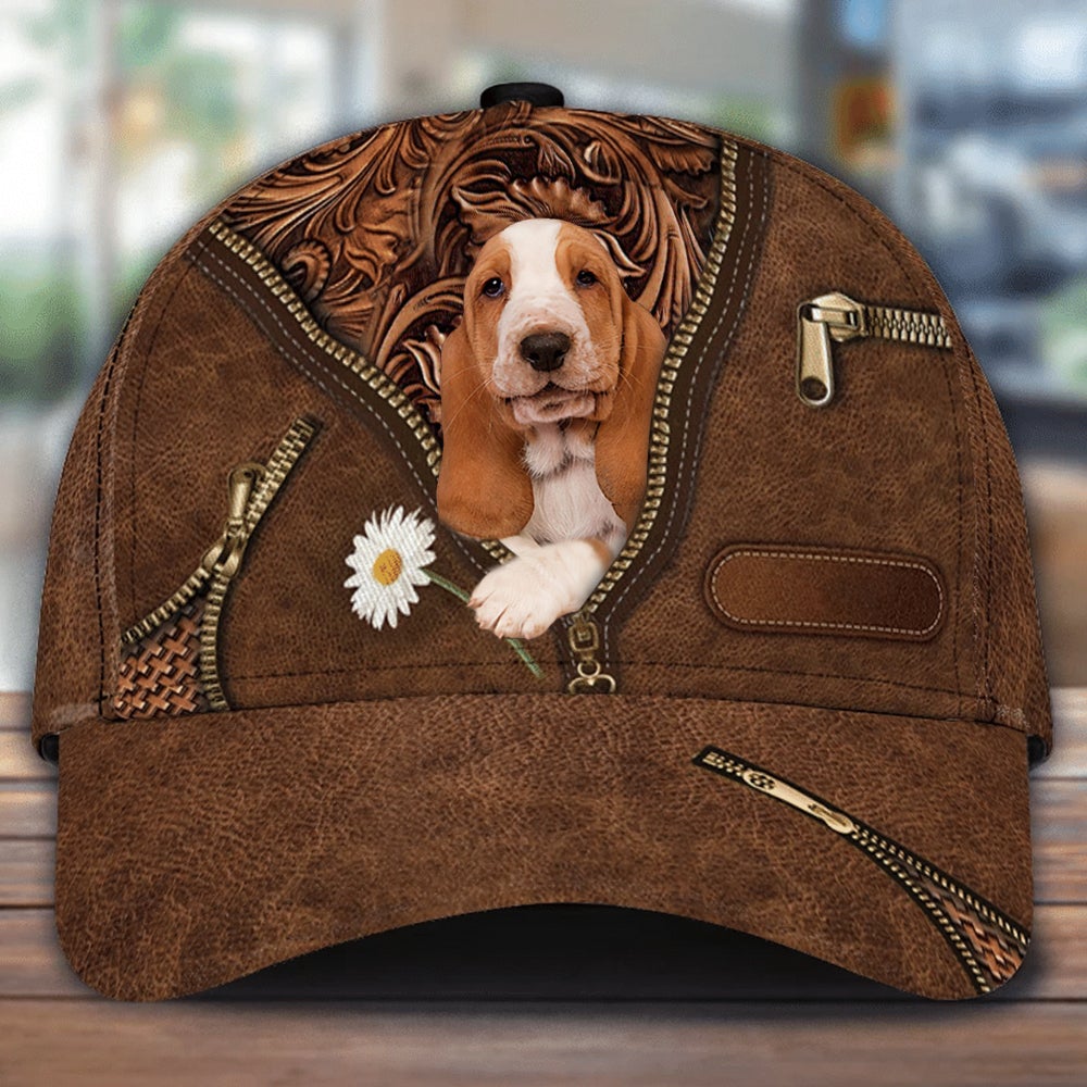 Basset Hound Holding Daisy Unisex Cap