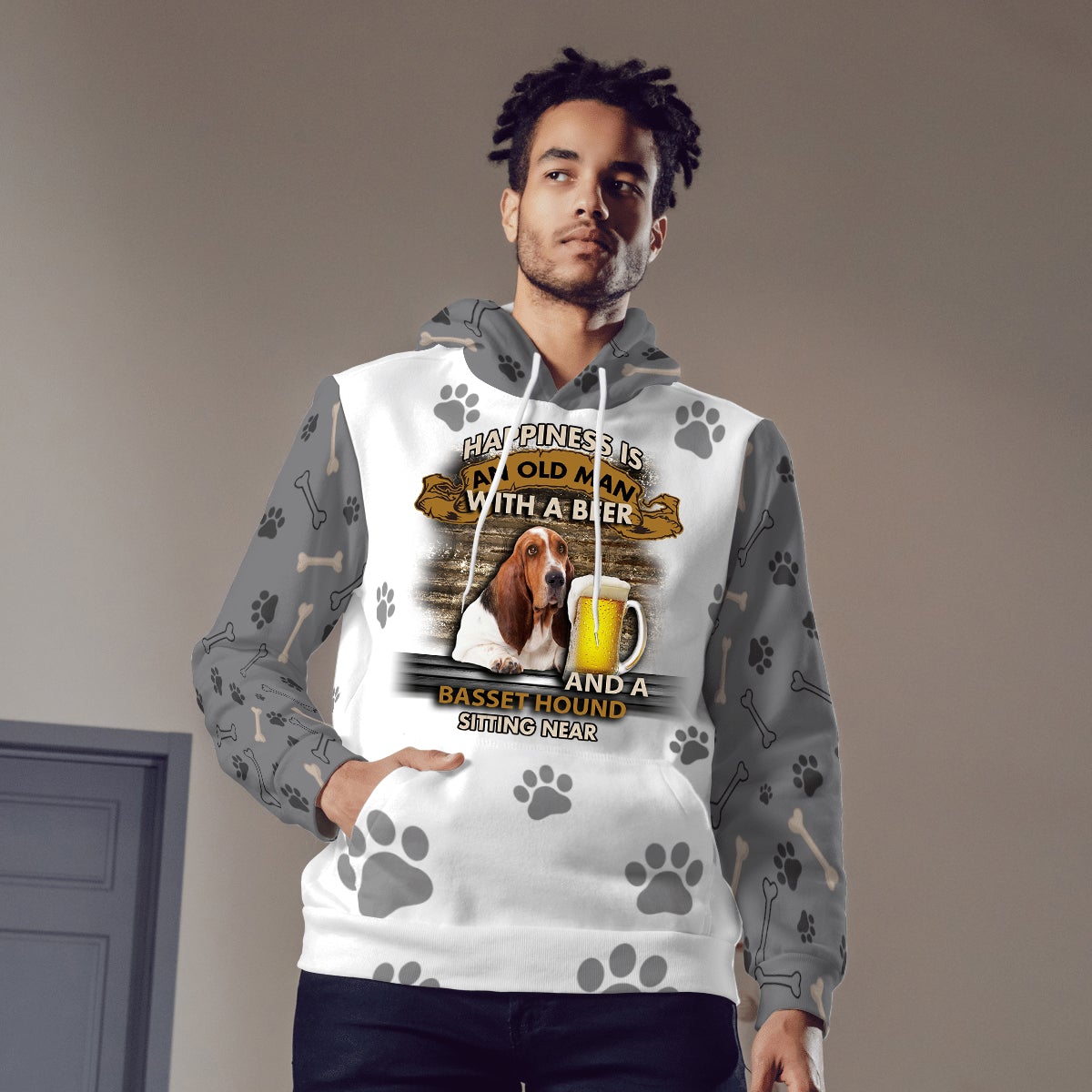 Happiness Is An Old Man With A Beer And A Basset Hound Hoodie