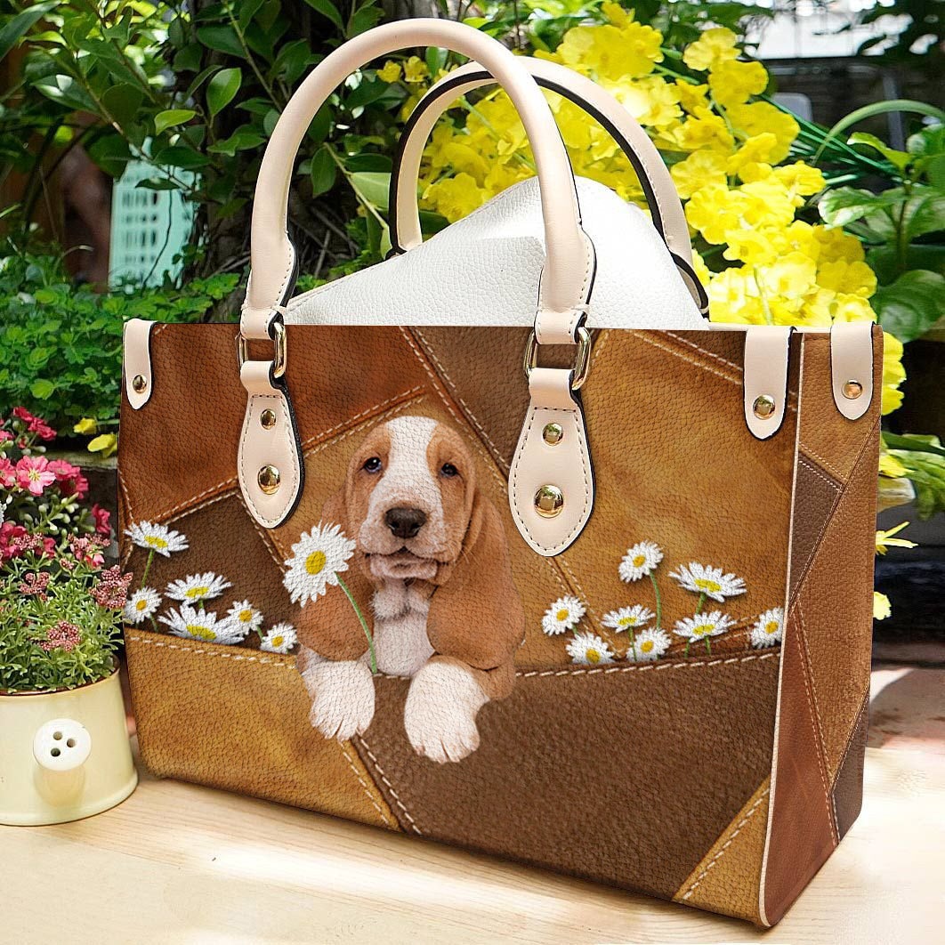 Basset Hound Holding Daisy Leather Bag