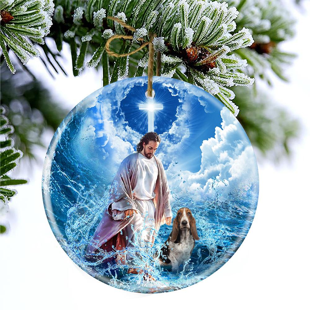 Basset Hound And God Walking On The Ocean Wave Porcelain/Ceramic Ornament