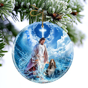 Basset Hound And God Walking On The Ocean Wave Porcelain/Ceramic Ornament