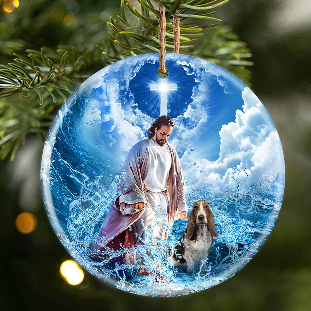 Basset Hound And God Walking On The Ocean Wave Porcelain/Ceramic Ornament
