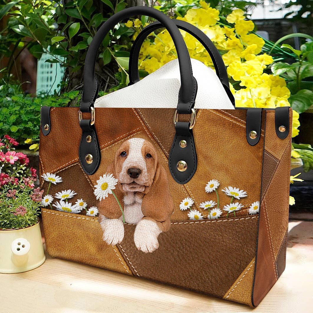 Basset Hound Holding Daisy Leather Bag