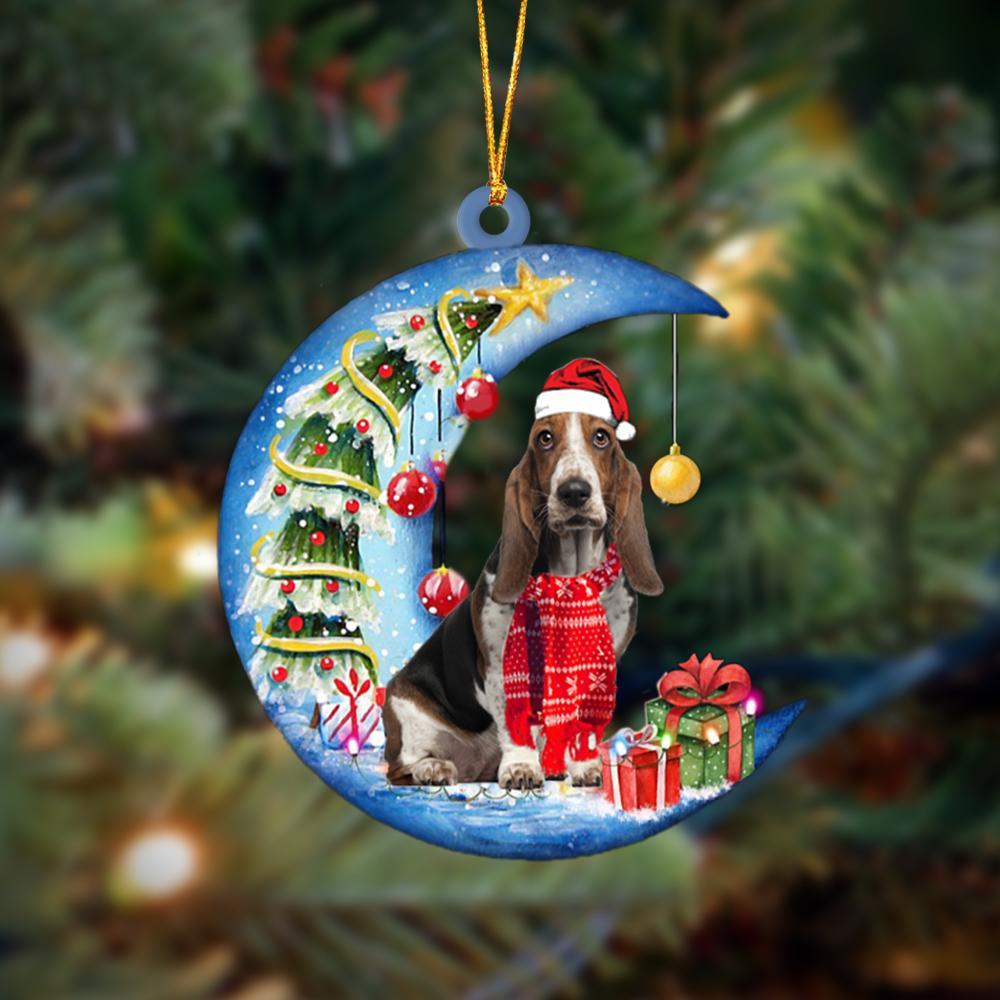 Basset Hound Sits On The Moon Merry Christmas Hanging Ornament