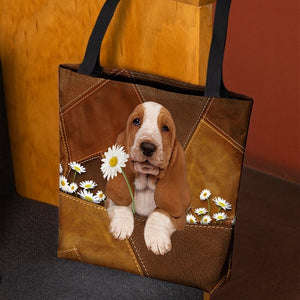 Basset Hound Holding Daisy  All Over Printed Tote Bag