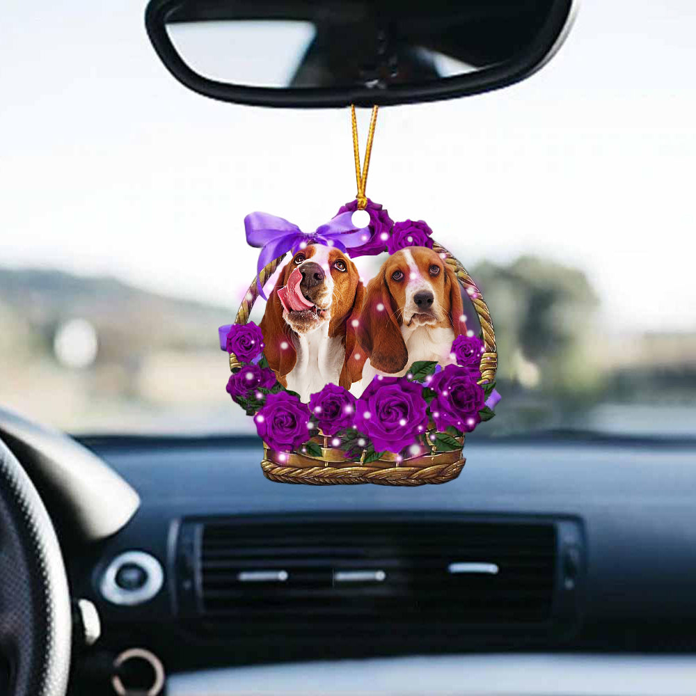 Basset Hound Purple Rose Wicker Basket Car Hanging Ornament