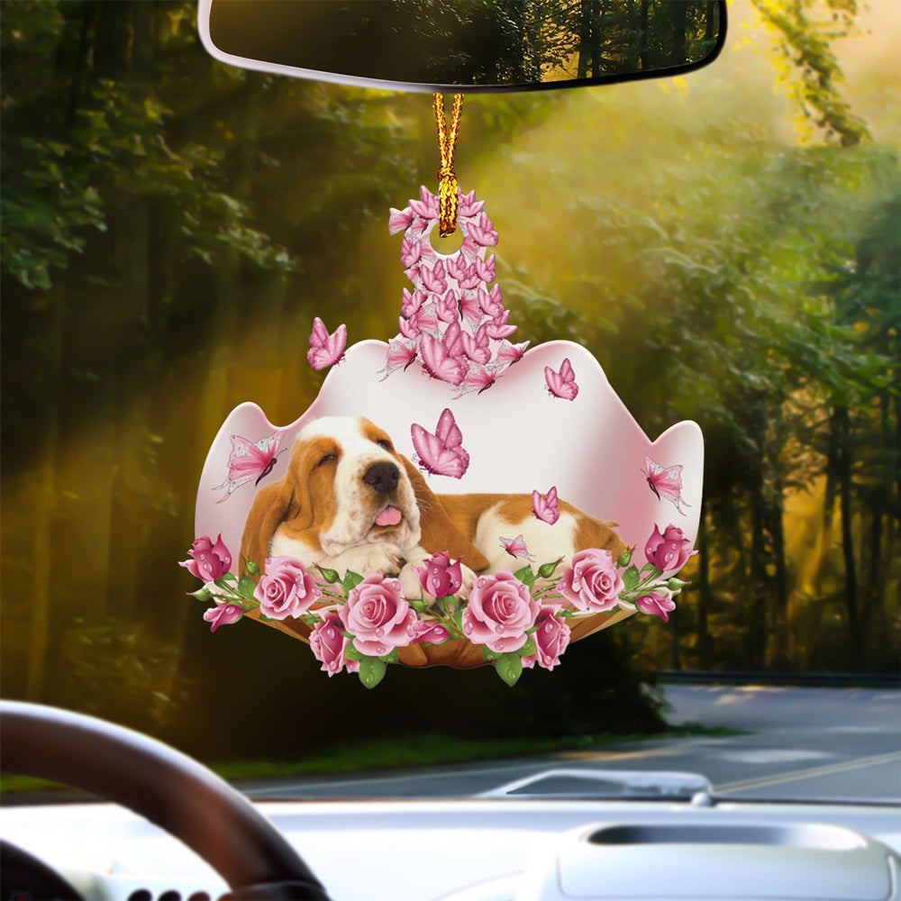 Basset Hound 2 Sleeping In Rose Garden Car Hanging Ornament