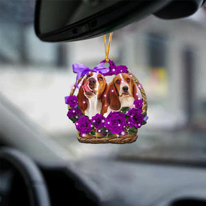 Basset Hound Purple Rose Wicker Basket Car Hanging Ornament