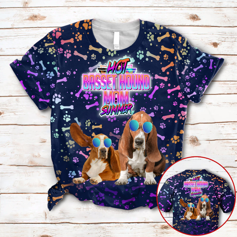 Hot Basset Hound Mom Summer Neon Tropical Desing 3D All Over Print T-Shirt